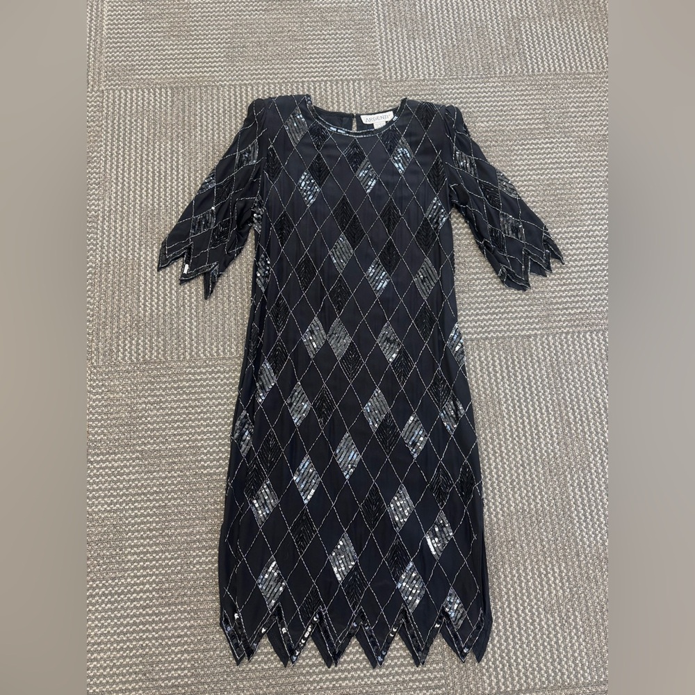 Vintage Argenti Notte 100% Silk Beaded & Sequined Midi Dress, size 8